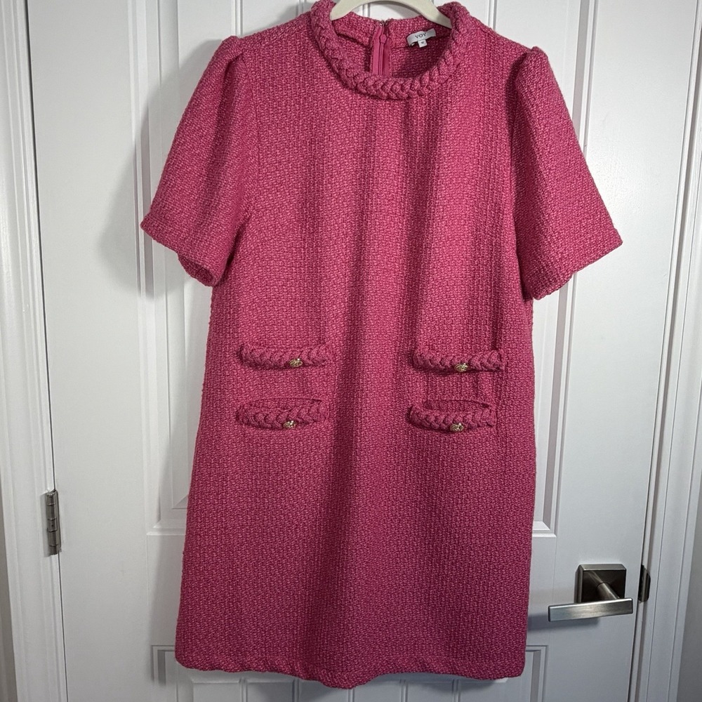 VOY Pink Tweed Shift Dress Braided Trim Short Sleeve Women's Size M